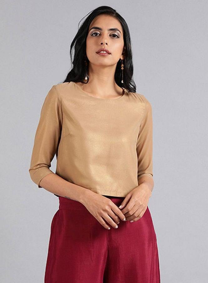 Golden Round Neck Solid Festive Top - wforwoman