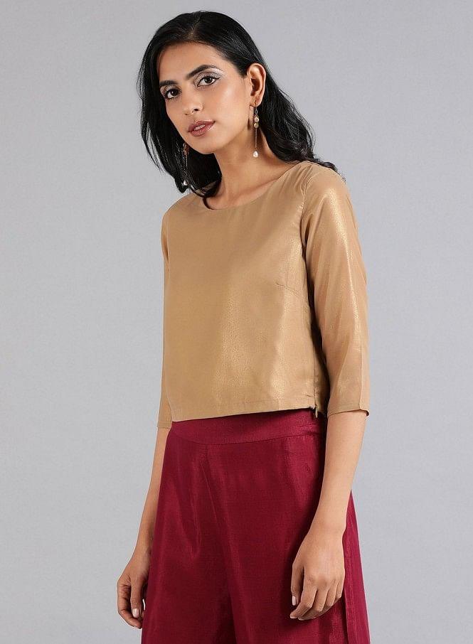 Golden Round Neck Solid Festive Top - wforwoman