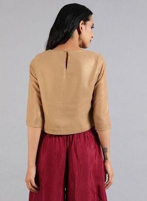 Golden Round Neck Solid Festive Top - wforwoman