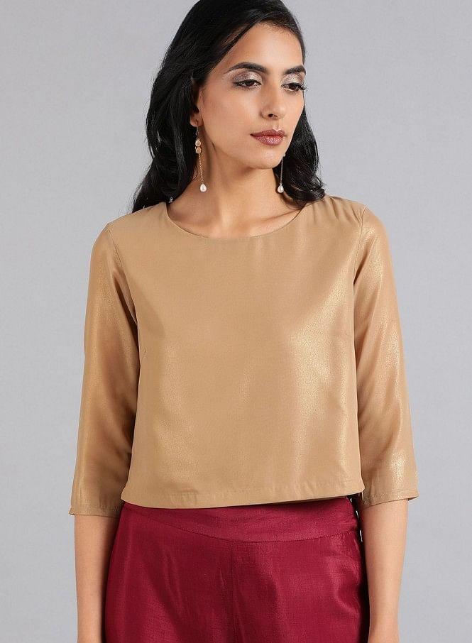 Golden Round Neck Solid Festive Top - wforwoman