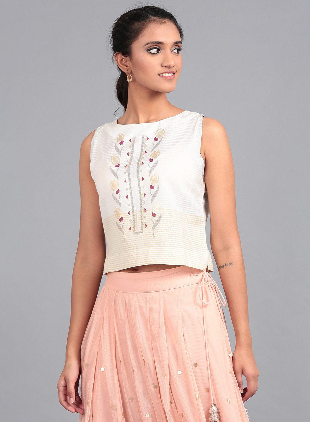 White &amp; Beige Crop Top - wforwoman