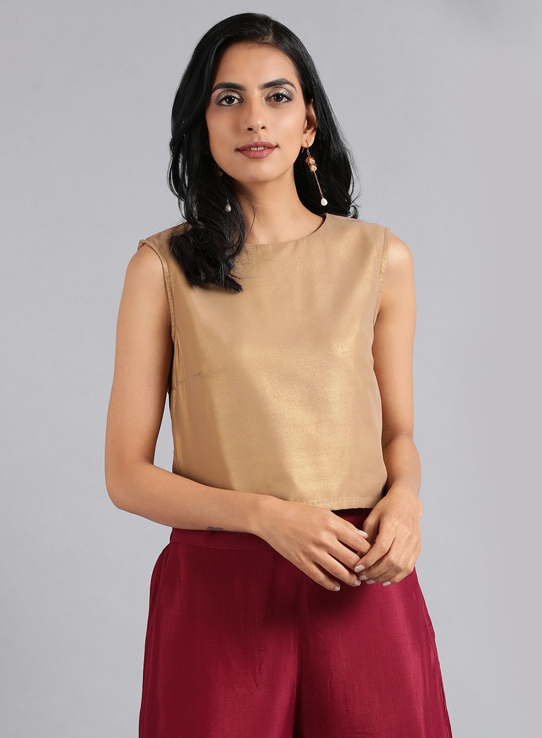 Golden Round Neck Solid Sleeveless Festive Top - wforwoman