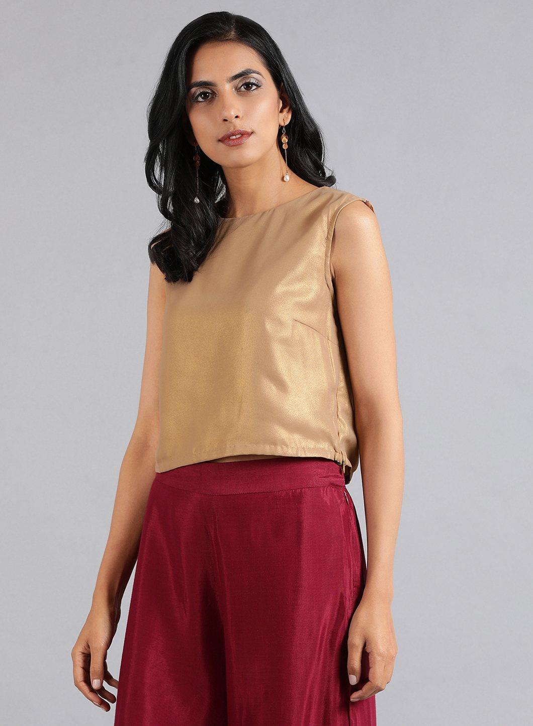 Golden Round Neck Solid Sleeveless Festive Top - wforwoman