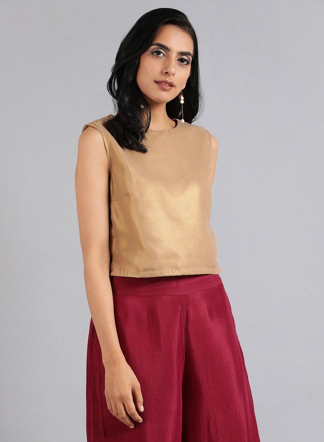 Golden Round Neck Solid Sleeveless Festive Top - wforwoman