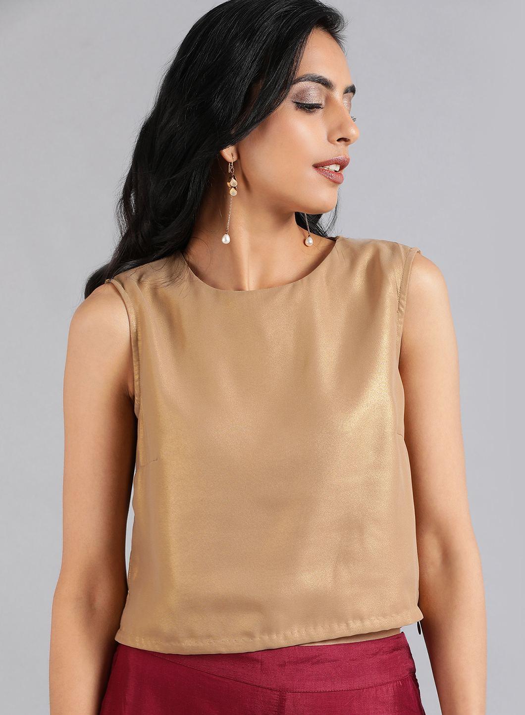 Golden Round Neck Solid Sleeveless Festive Top - wforwoman