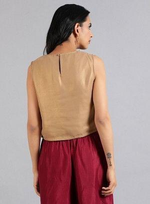 Golden Round Neck Solid Sleeveless Festive Top - wforwoman