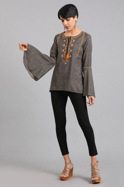 Grey Round Neck Embroidered Top - wforwoman