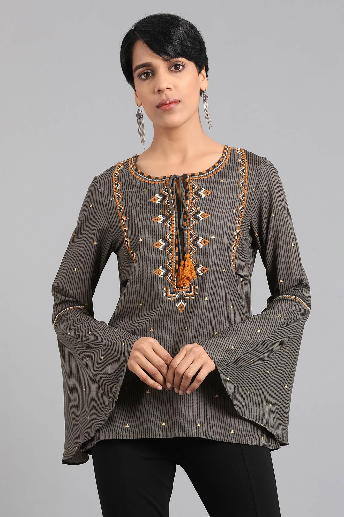 Grey Round Neck Embroidered Top - wforwoman