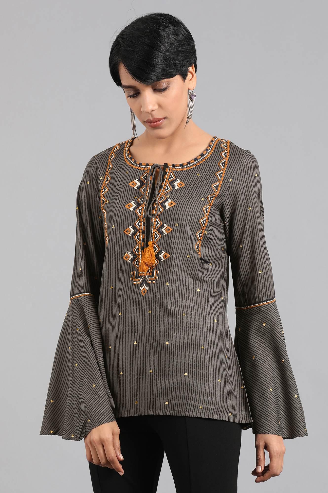 Grey Round Neck Embroidered Top - wforwoman