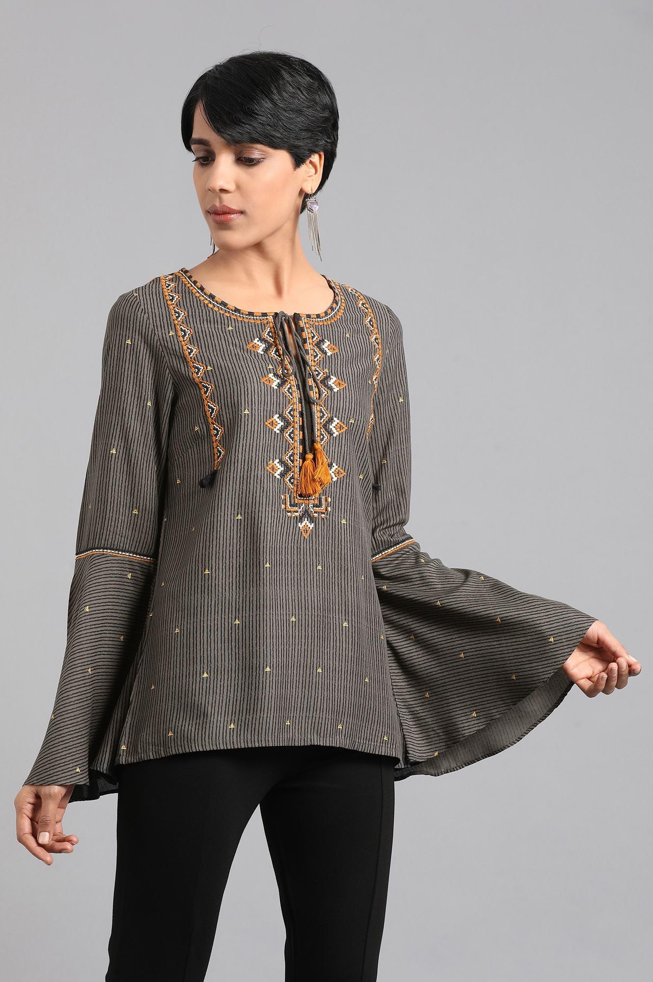 Grey Round Neck Embroidered Top - wforwoman