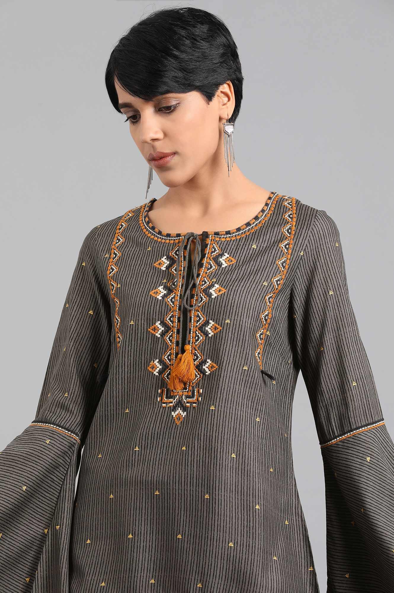 Grey Round Neck Embroidered Top - wforwoman