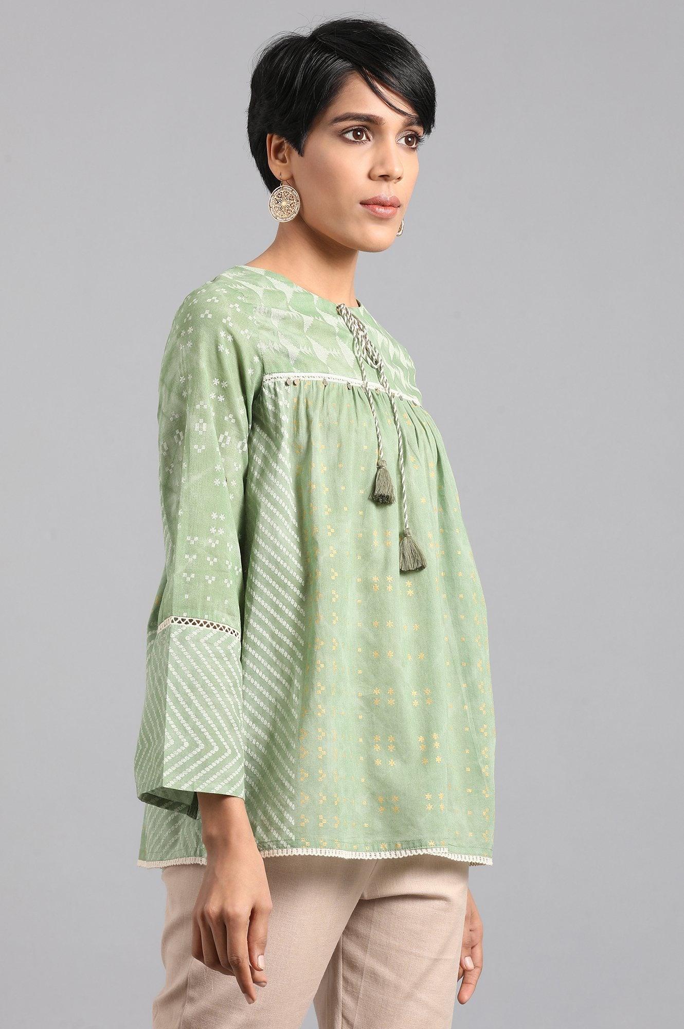 Green Round Neck Gathered Top - wforwoman