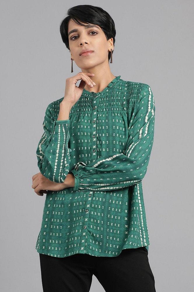 Green Mandarin Neck Shirt Top - wforwoman