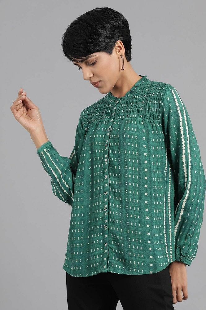 Green Mandarin Neck Shirt Top - wforwoman