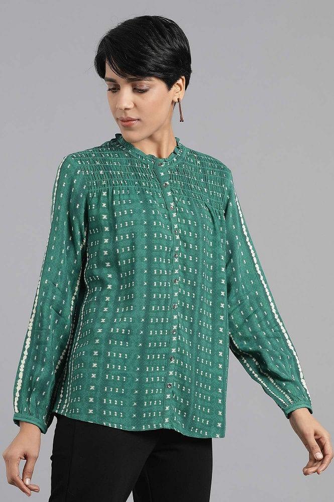 Green Mandarin Neck Shirt Top - wforwoman