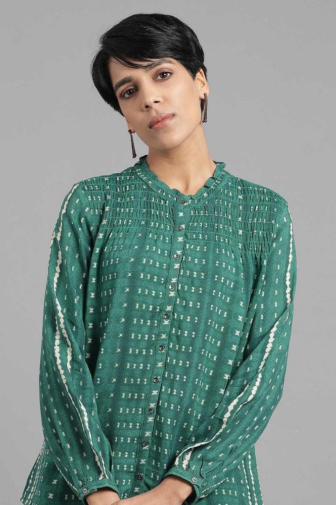 Green Mandarin Neck Shirt Top - wforwoman