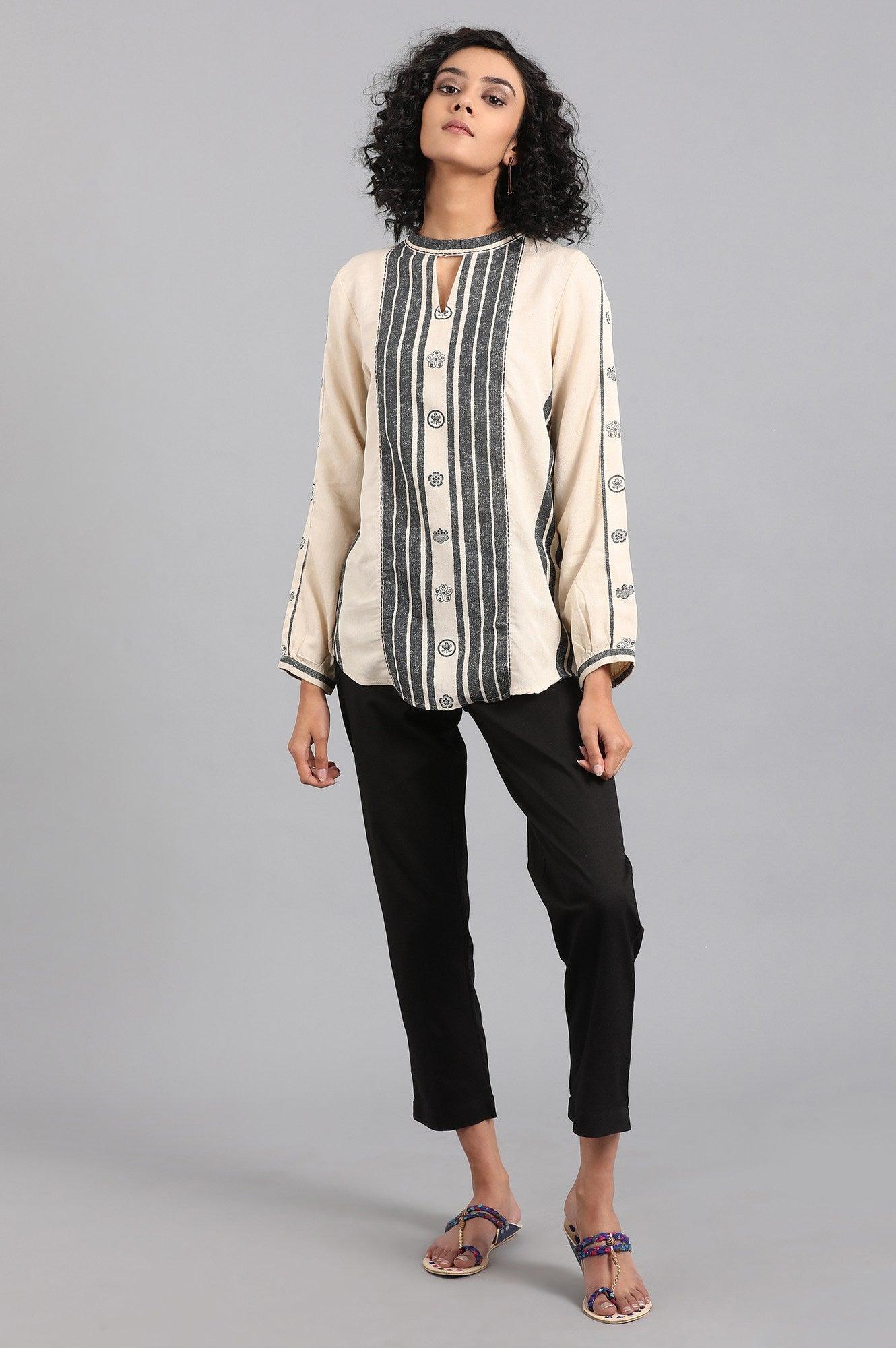 Black Mandarin Neck Full Sleeve Top - wforwoman