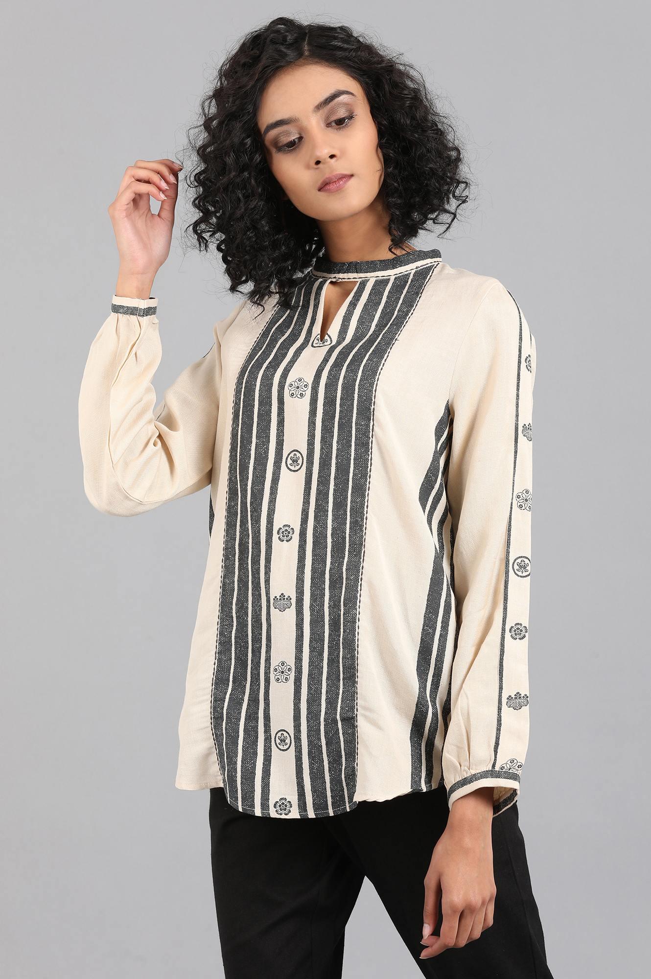 Black Mandarin Neck Full Sleeve Top - wforwoman