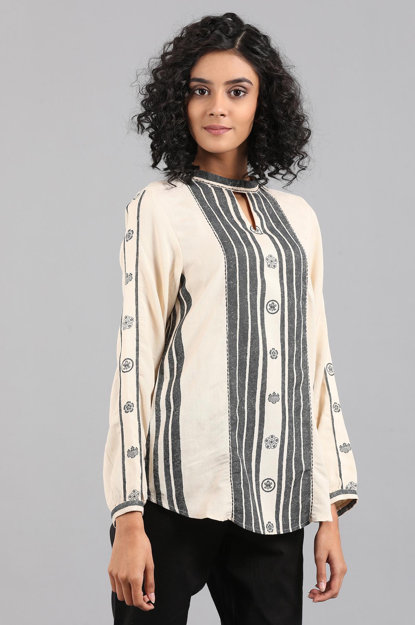 Black Mandarin Neck Full Sleeve Top - wforwoman