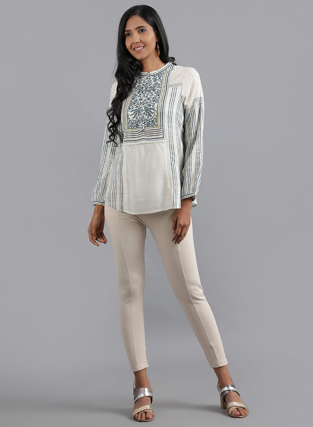 White Mandarin Neck Printed Top