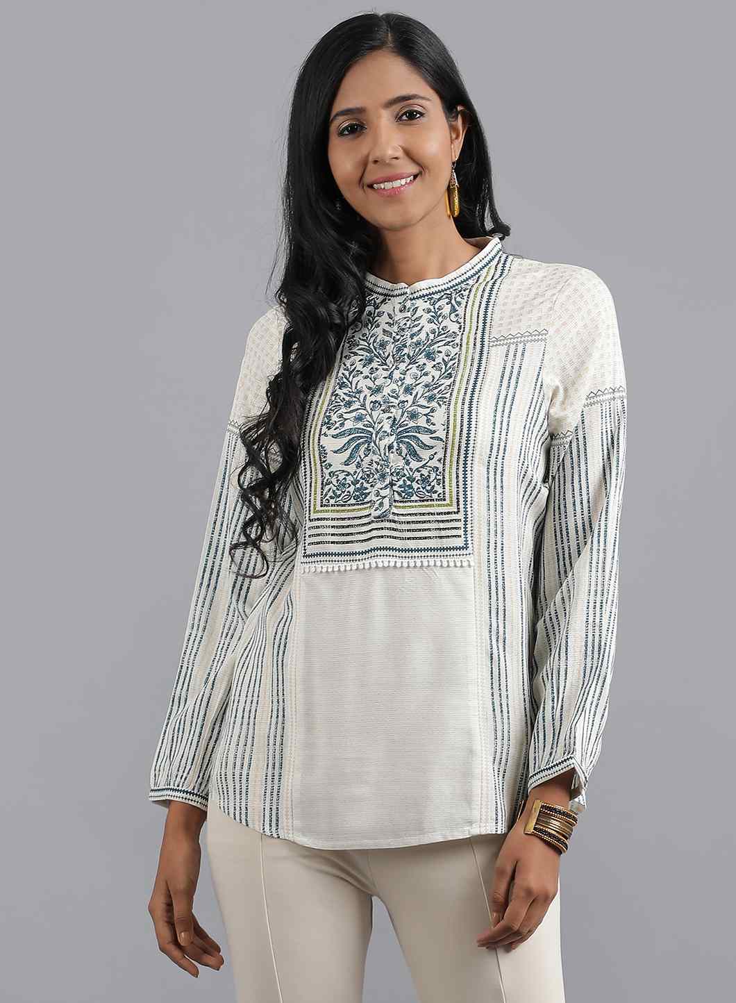 White Mandarin Neck Printed Top