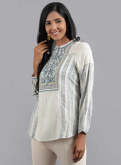 White Mandarin Neck Printed Top