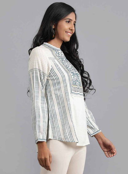 White Mandarin Neck Printed Top