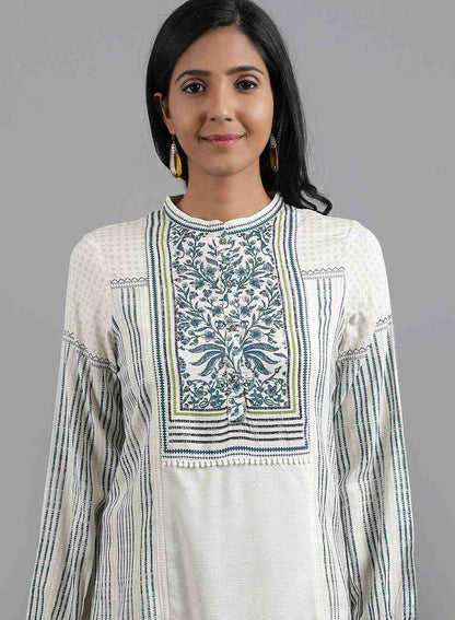 White Mandarin Neck Printed Top