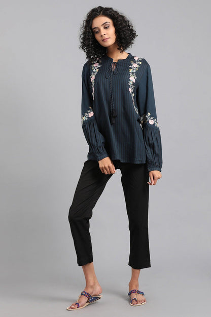 Blue Mandarin Neck Full Sleeve Top - wforwoman