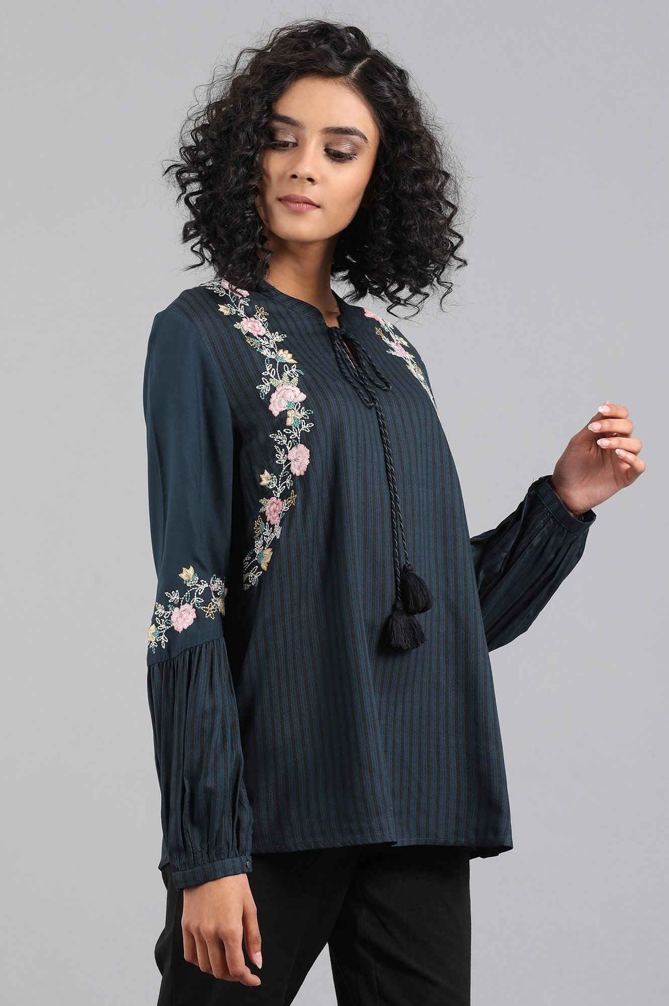 Blue Mandarin Neck Full Sleeve Top - wforwoman