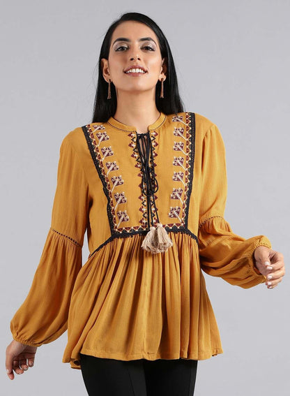 Mustard Tie-Up Neck Embroidered Top - wforwoman