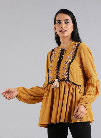 Mustard Tie-Up Neck Embroidered Top - wforwoman