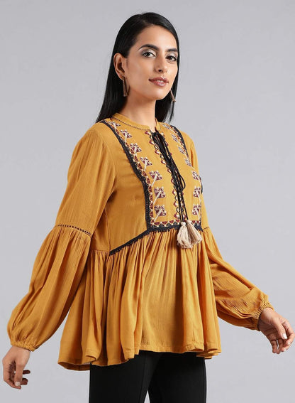 Mustard Tie-Up Neck Embroidered Top - wforwoman