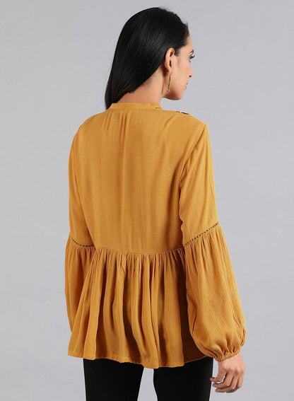 Mustard Tie-Up Neck Embroidered Top - wforwoman