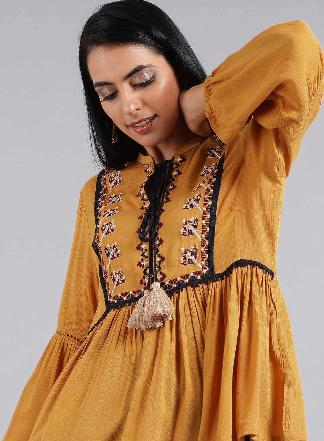 Mustard Tie-Up Neck Embroidered Top - wforwoman