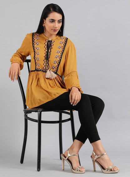 Mustard Tie-Up Neck Embroidered Top - wforwoman