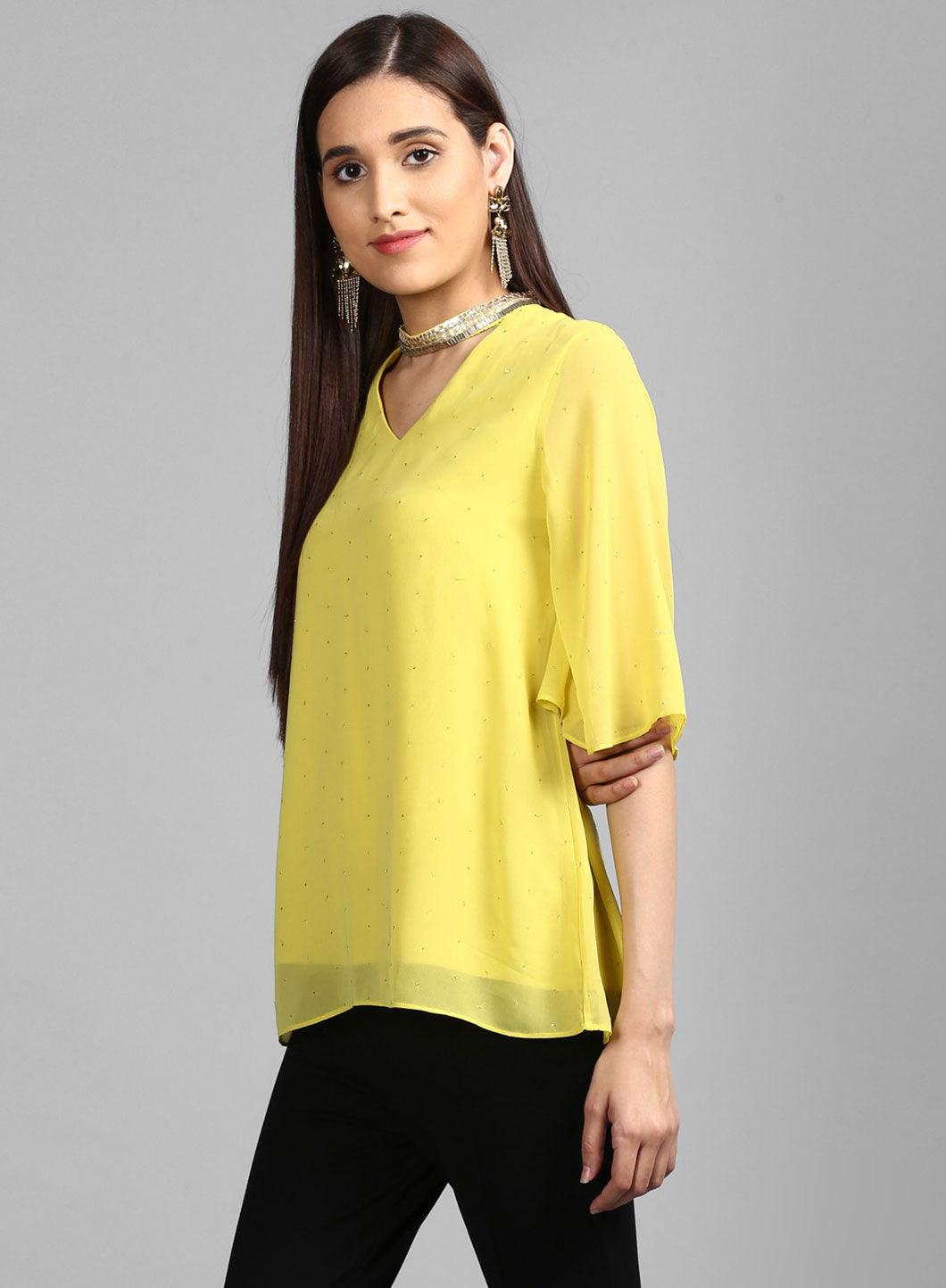 Green Choker Neck Festive Top - wforwoman