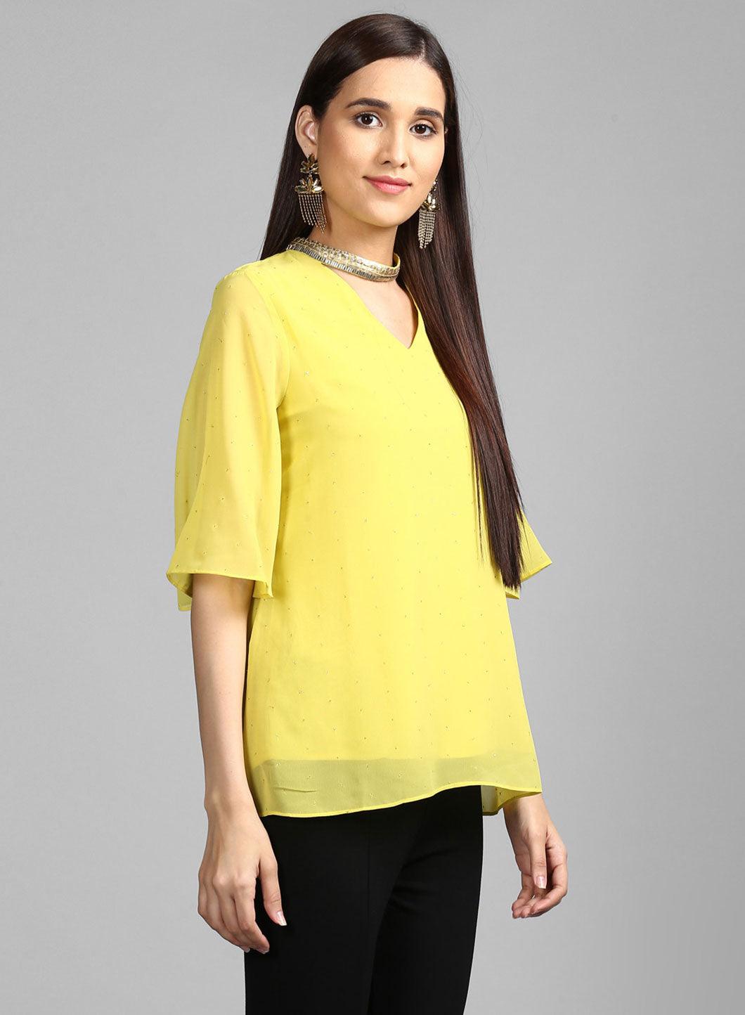 Green Choker Neck Festive Top - wforwoman