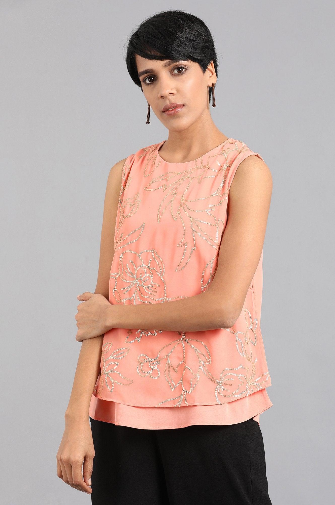 Peach Round Neck Sleeveless Top - wforwoman