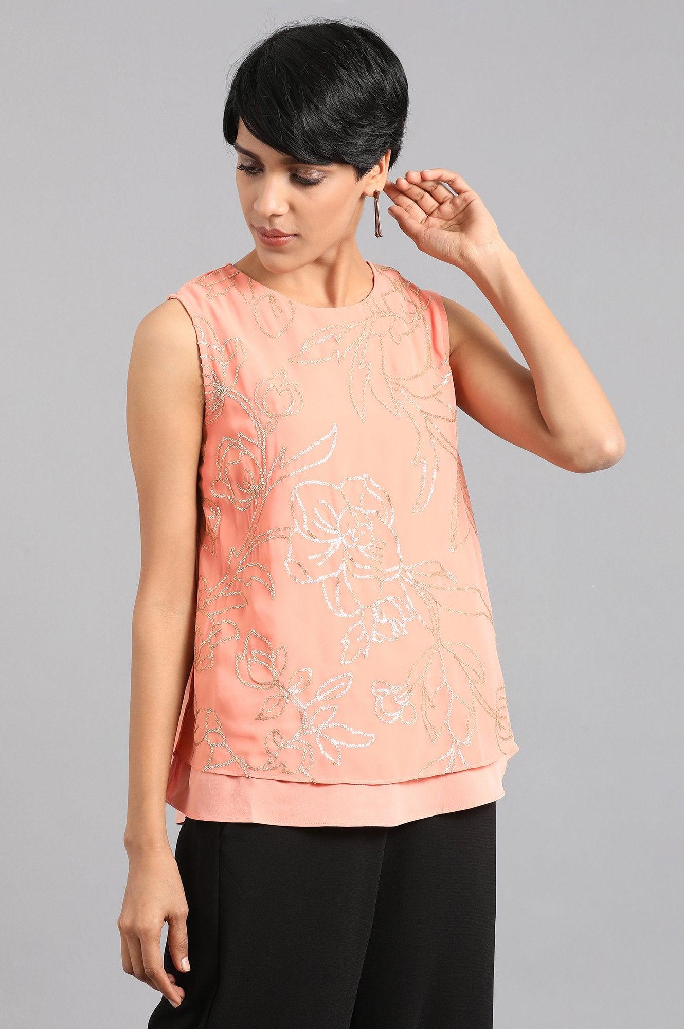 Peach Round Neck Sleeveless Top - wforwoman