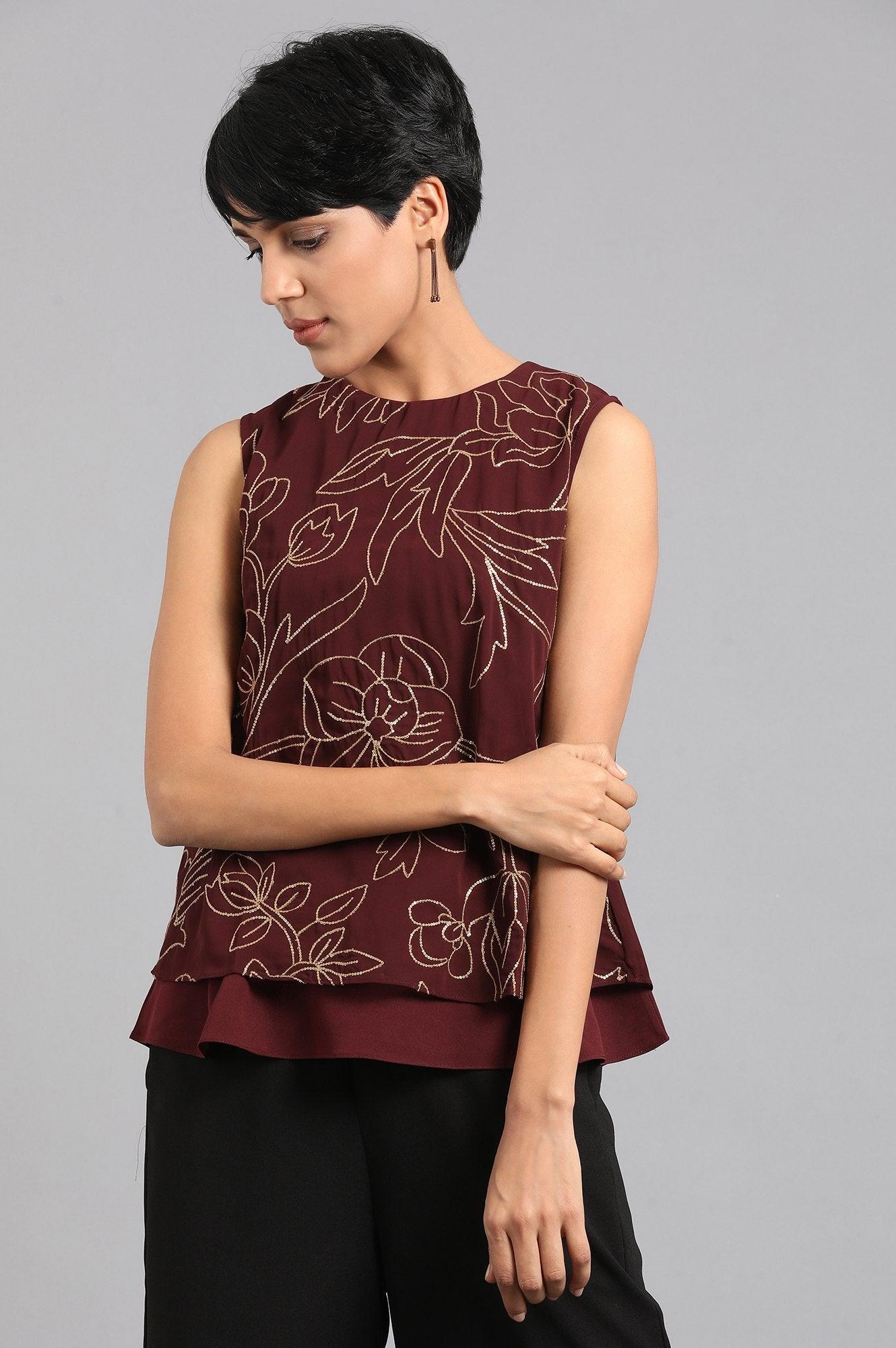 Wine Round Neck Sleeveless Top - wforwoman