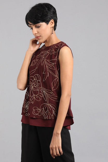 Wine Round Neck Sleeveless Top - wforwoman