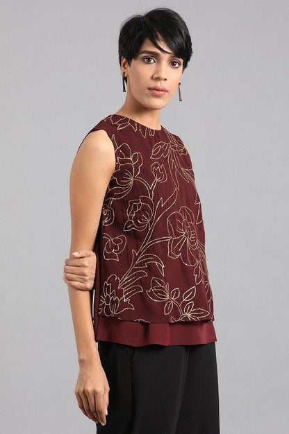 Wine Round Neck Sleeveless Top - wforwoman