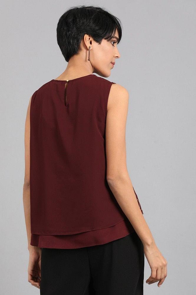 Wine Round Neck Sleeveless Top - wforwoman