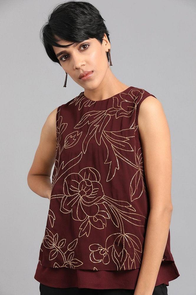 Wine Round Neck Sleeveless Top - wforwoman