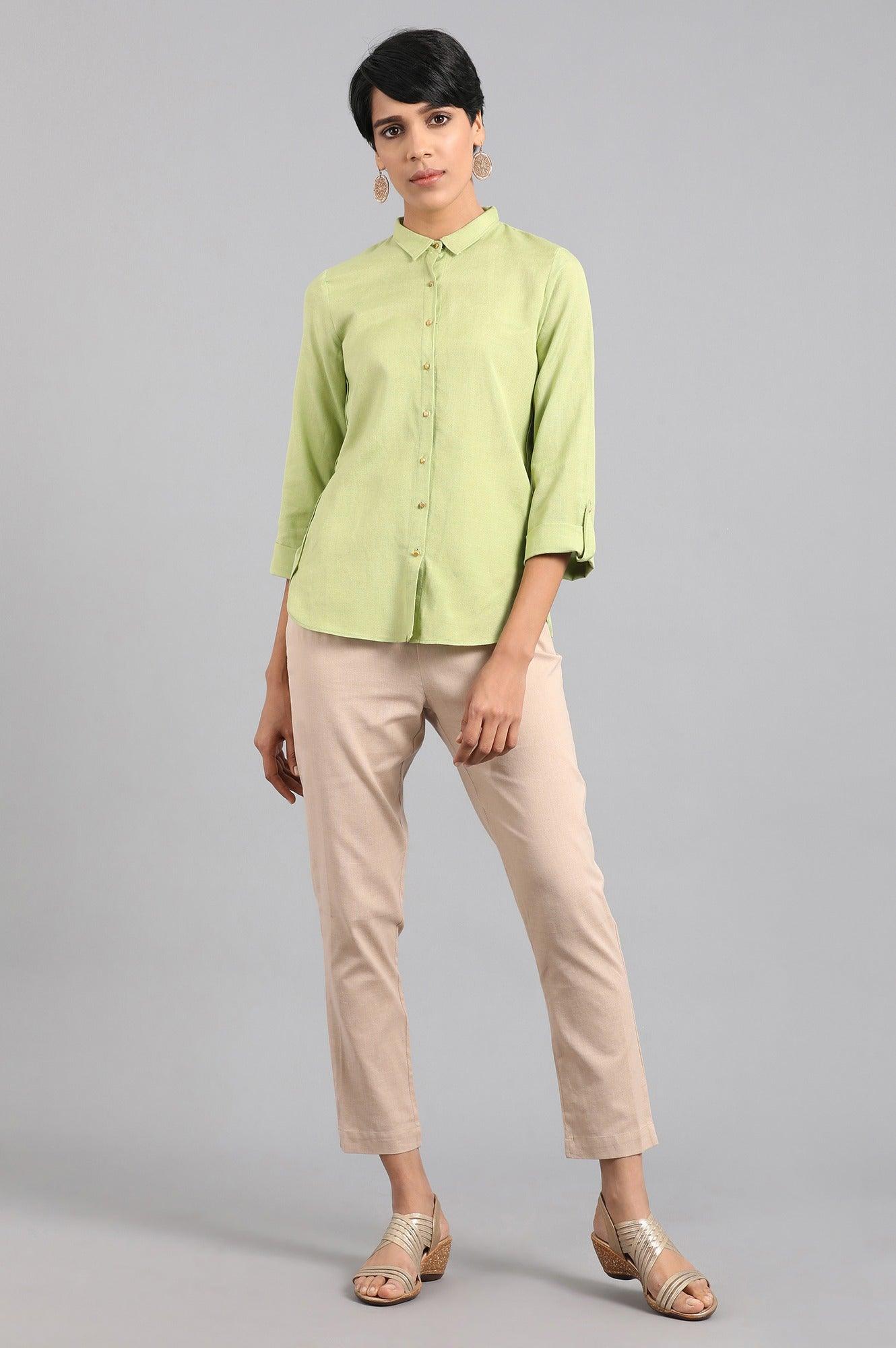 Green Solid Mandarin Collar Shirt - wforwoman