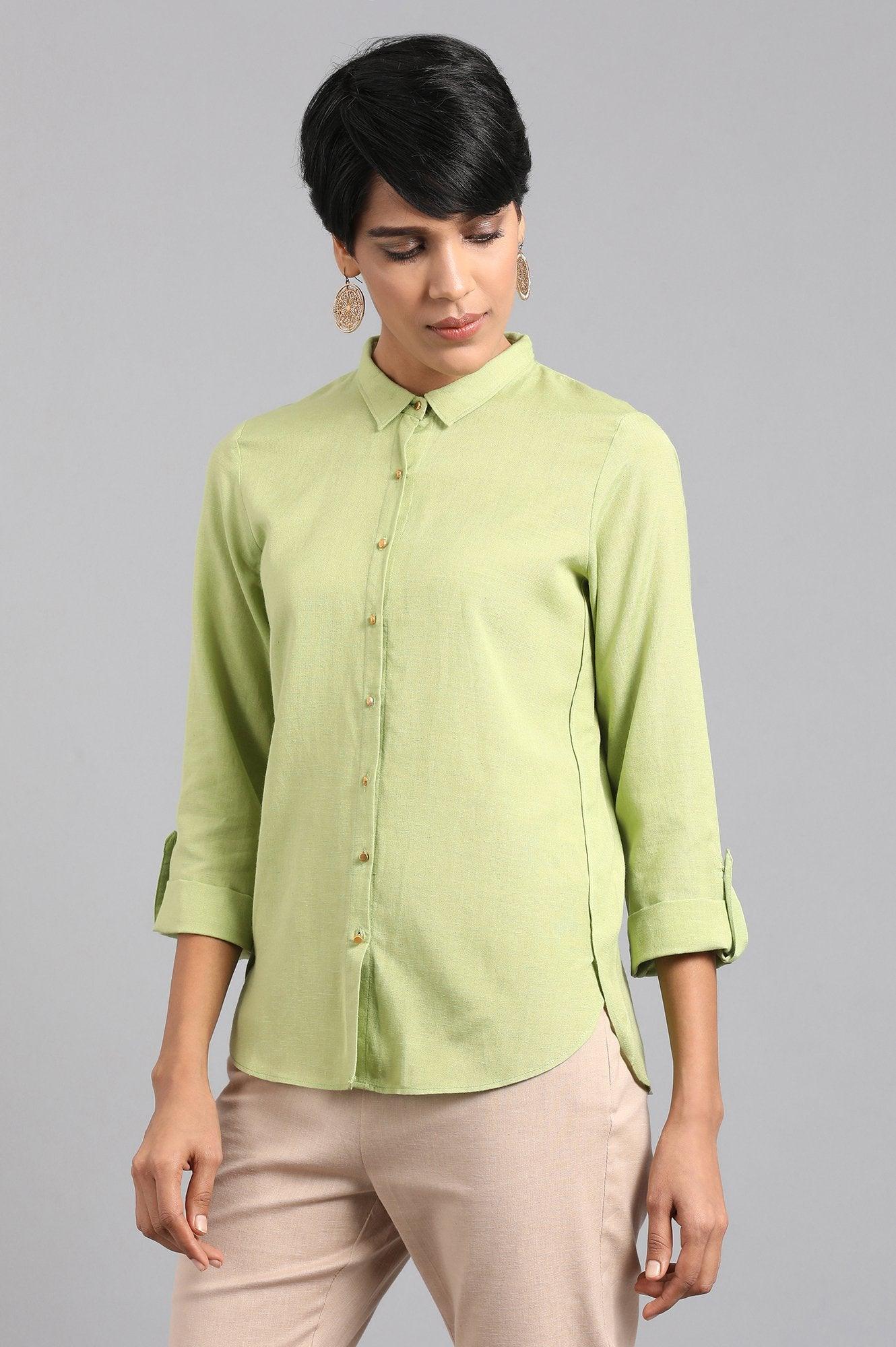 Green Solid Mandarin Collar Shirt - wforwoman