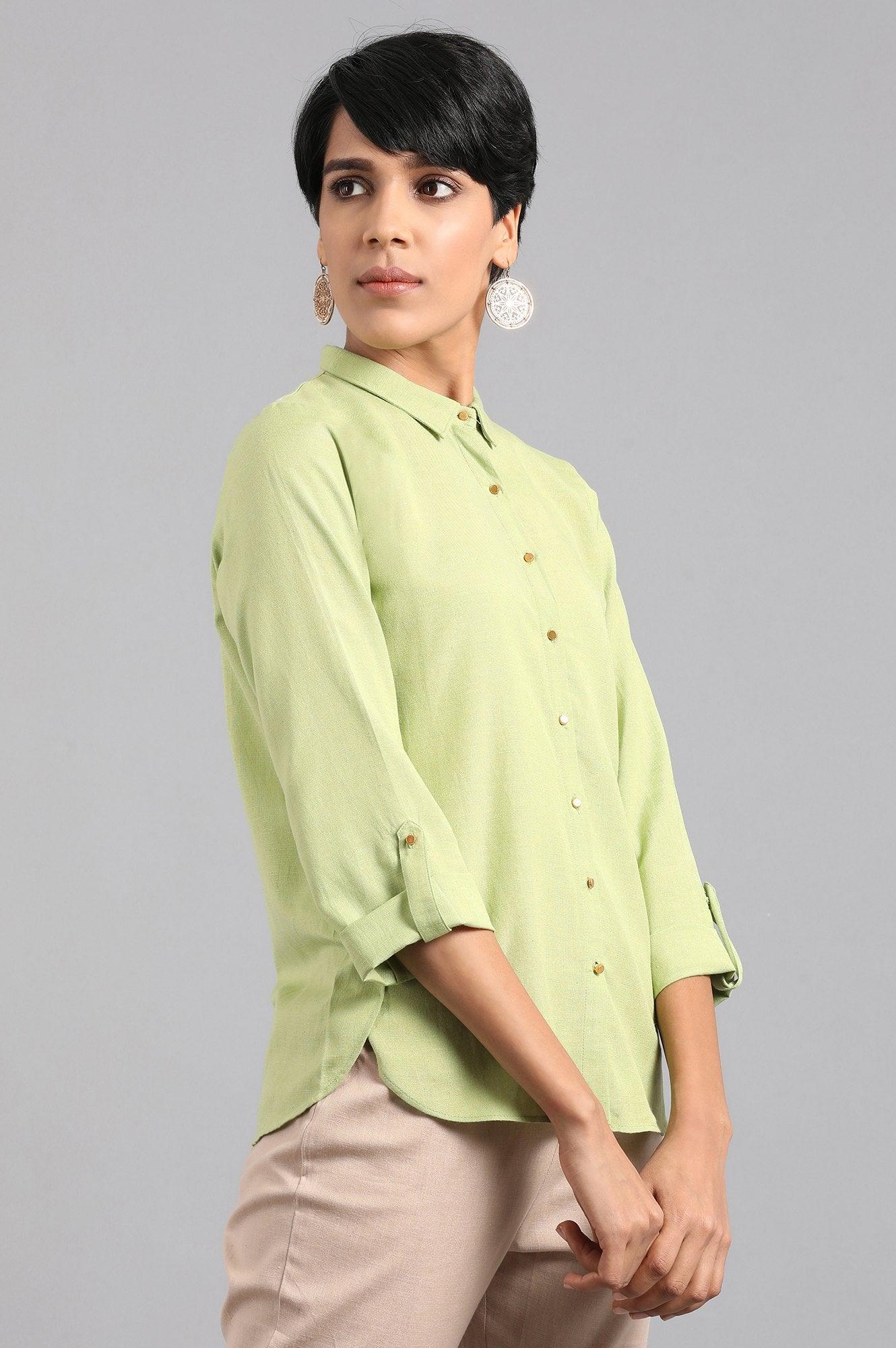 Green Solid Mandarin Collar Shirt - wforwoman