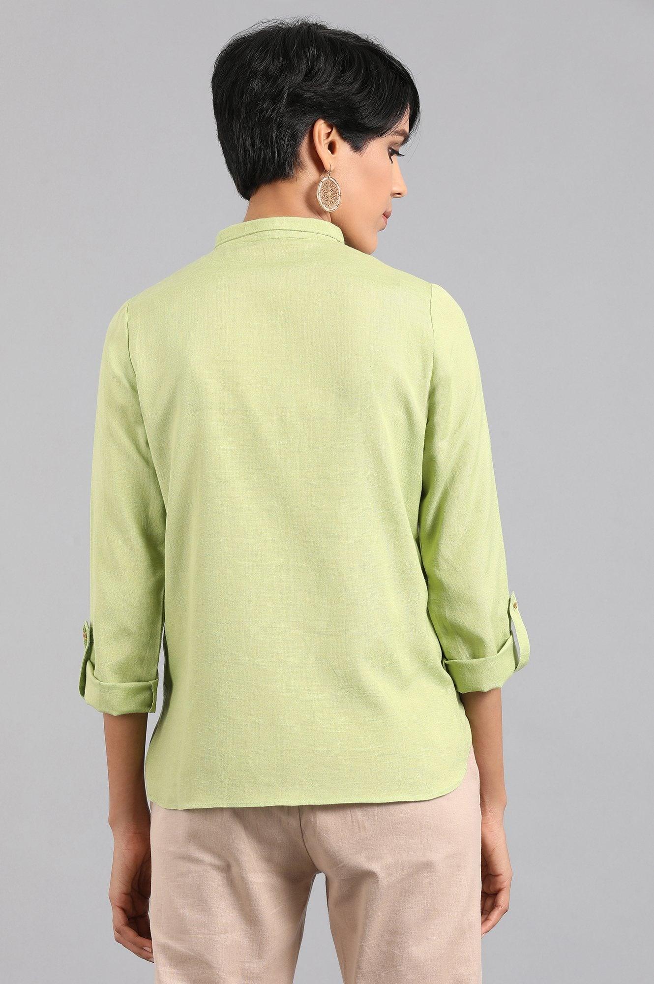 Green Solid Mandarin Collar Shirt - wforwoman