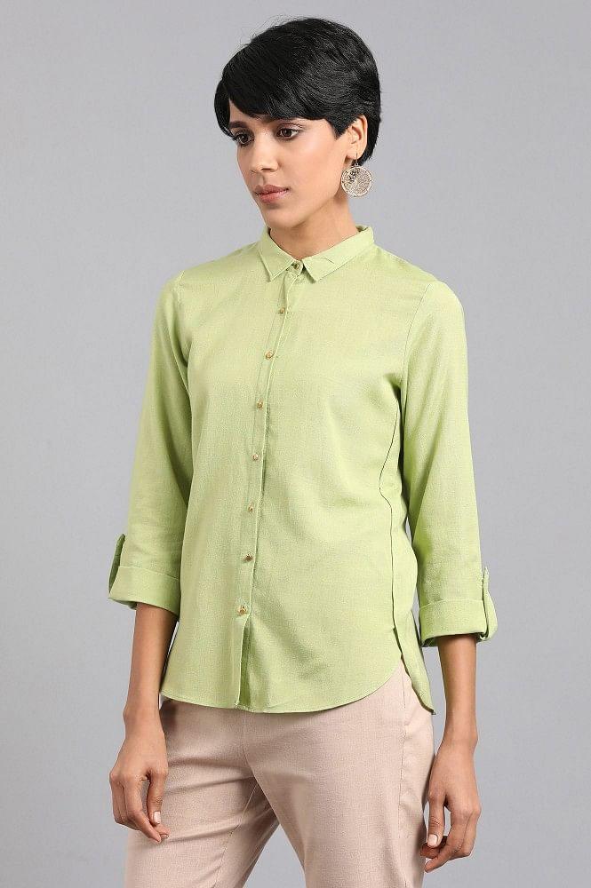 Green Solid Mandarin Collar Shirt - wforwoman